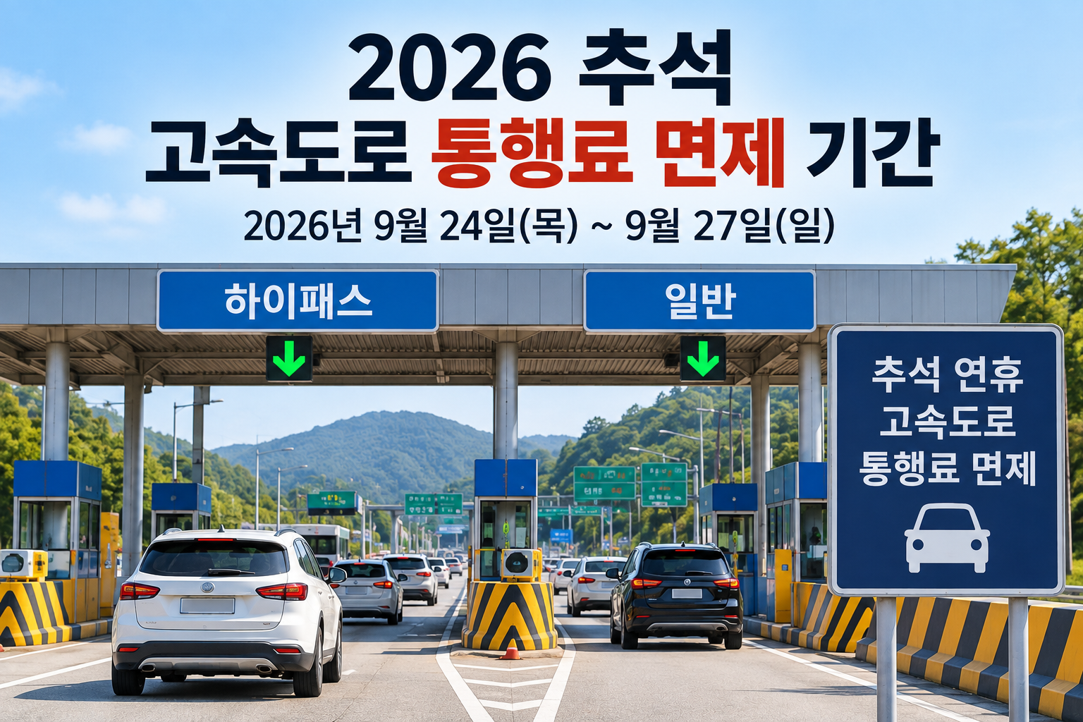 2026 추석 고속도로 통행료 면제 기간 9월 24일부터 27일까지